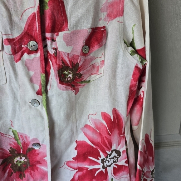Chico's Floral 100% Linen Shirt Pink Green Long Sleeve ButtonUp Coastal - Picture 7 of 14